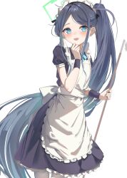 Rule 34 | 1girl, absurdres, apron, aris (blue archive), aris (maid) (blue archive), back bow, black dress, black hair, black ribbon, blue archive, blue bow, blue bowtie, blue eyes, blue hair, blush, bow, bowtie, broom, collared dress, commentary, commentary request, dress, frills, gradient hair, halo, hanamaru tsubaki, hands up, highres, holding, holding broom, long hair, looking away, maid, maid headdress, multicolored hair, open mouth, pantyhose, ponytail, puffy short sleeves, puffy sleeves, ribbon, short sleeves, sidelocks, simple background, smile, solo, standing, very long hair, white apron, white background, white bow, white pantyhose, wrist cuffs
