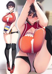 Rule 34 | 1girl, absurdres, armpits, arms up, arrow (tamawo222), ball, bare arms, black hair, black shorts, blurry, blurry background, blush, breasts, cleavage, cleavage cutout, clothing cutout, commentary request, full body, hair between eyes, highres, holding, holding ball, huge breasts, knee pads, kneehighs, large breasts, leotard, open mouth, original, red eyes, red footwear, short hair, short shorts, shorts, socks, sportswear, spread legs, standing, sweat, thighhighs, thighs, volleyball, volleyball (object), volleyball uniform