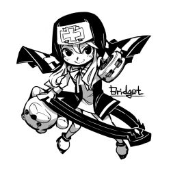 Rule 34 | 1boy, arc system works, bad id, bad pixiv id, bow, bridget (guilty gear), character name, cross, greyscale, guilty gear, guilty gear xx, hounori, light smile, long hair, looking at viewer, male focus, monochrome, nun, simple background, smile, solo, stuffed animal, stuffed toy, teddy bear, trap, white background