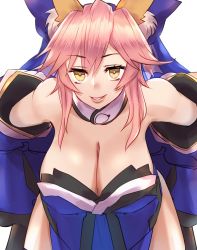 Rule 34 | 1girl, absurdres, animal ear fluff, animal ears, bare shoulders, blue bow, blue kimono, blue ribbon, bow, breasts, cleavage, desk, fate/grand order, fate (series), fox ears, fox girl, hair ribbon, highres, japanese clothes, kimono, large breasts, looking at viewer, pink hair, quanero, ribbon, simple background, solo, split ponytail, tamamo (fate), tamamo no mae (fate/extra), white background, yellow eyes