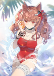 Rule 34 | 1girl, angelina (arknights), angelina (summer flower) (arknights), animal ears, arknights, arm behind back, bare shoulders, blush, bracelet, breasts, brown hair, casual one-piece swimsuit, chain, cleavage, closed mouth, cocktail, cocktail glass, collar, collarbone, covered navel, cowboy shot, cup, cup to cheek, domotolain, drink, drinking glass, duplicate, earrings, food, fox ears, fruit, glass, hair ribbon, highres, holding, holding cup, infection monitor (arknights), jewelry, long hair, looking at viewer, medium breasts, necklace, official alternate costume, one-piece swimsuit, orange (fruit), orange slice, pixel-perfect duplicate, red eyes, red one-piece swimsuit, red ribbon, ribbon, see-through, smile, solo, swimsuit, swimsuit cover-up, thigh strap, thighs, twintails, wading, water, water drop, wristband