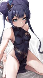 Rule 34 | 1girl, bare legs, barefoot, black dress, black hair, blue archive, blush, breasts, butterfly hair ornament, china dress, chinese clothes, collarbone, corrupted twitter file, covered navel, double bun, doyoon 7, dress, groin, hair bun, hair ornament, halo, highres, kisaki (blue archive), kneeling, looking at viewer, pelvic curtain, skin tight, sleeveless, sleeveless dress, small breasts, soles, solo, toes, twintails