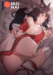 Rule 34 | 1girl, ahri (league of legends), animal ears, ass, bare shoulders, black hair, blush, breasts, censored, cleavage, detached sleeves, facial mark, fox ears, fox tail, from behind, holding, korean clothes, large breasts, league of legends, long hair, looking at viewer, looking back, lying, mosaic censoring, muunai, no panties, on side, pussy, pussy peek, solo, tail, thighs, whisker markings, yellow eyes