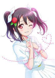 Rule 34 | 1girl, a song for you! you? you!, artist name, commentary request, dress, flower, grin, hair flower, hair ornament, hair ribbon, hand on own chest, heart, heart of string, hirako, index finger raised, looking at viewer, love live!, love live! school idol project, neckerchief, one eye closed, pink hair, pink scrunchie, red eyes, red flower, ribbon, sailor dress, scrunchie, smile, solo, twintails, white background, white dress, white ribbon, wrist scrunchie, yazawa nico