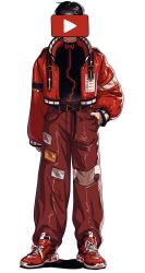 Rule 34 | 1boy, absurdres, arm at side, belt, black hair, black shirt, covered face, cross-laced footwear, facing viewer, full body, gatan666, hand in pocket, highres, jacket, male focus, open clothes, open jacket, original, pants, personification, print jacket, print shirt, red footwear, red jacket, red pants, red theme, see-through, see-through pants, shirt, shirt tucked in, shoes, short hair, simple background, sneakers, solo, standing, straight-on, white background, youtube, youtube logo