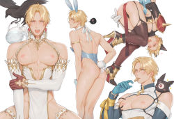 Rule 34 | 1boy, ?, absurdres, animal ears, arm behind back, armlet, armor, ass, ass grab, bare back, bare pectorals, bare shoulders, bent over, bird, black footwear, black legwear, blonde hair, blue gloves, blue leotard, blue ribbon, blush, bound, bound arms, breastless clothes, cat ears, choker, cookie, copyright request, creature, creature on shoulder, cross cutout, crow, detached collar, detached sleeves, disembodied hand, ear blush, earclip, earrings, eating, embarrassed, extra ears, fake animal ears, fake tail, food, glass, gloves, hand on own arm, hand on own ass, hand up, high heels, highres, iceblock (ilhgns), inverted nipples, jar, jewelry, lace trim, large pectorals, leotard, looking at viewer, looking away, looking back, male focus, male playboy bunny, mouth hold, multiple views, on shoulder, open mouth, parted bangs, pauldrons, pectorals, pelvic curtain, pouring, profile, puffy chest, rabbit ears, rabbit tail, revealing clothes, ribbon, shoe soles, shoulder armor, sideways glance, simple background, spikes, spoken question mark, standing, standing on one leg, strapless, strapless leotard, tail, thigh strap, thighhighs, water, wet, white background, white gloves, white ribbon, yellow ribbon