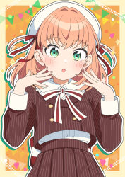 Rule 34 | 1girl, :o, beret, blush, brown jacket, brown skirt, buttons, collared shirt, commentary request, cropped jacket, crossed bangs, double-breasted, drop shadow, fortune movie (love live!), frilled shirt collar, frills, green eyes, hair ribbon, hands up, hat, heart, highres, hinoshita kaho, jacket, jenny (je2live), link! like! love live!, long sleeves, looking at viewer, love live!, medium hair, orange background, orange hair, outline, partial commentary, pleated skirt, red ribbon, ribbon, shirt, skirt, sleeve cuffs, solo, sparkle, striped clothes, striped jacket, striped skirt, two side up, upper body, vertical-striped clothes, vertical-striped jacket, virtual youtuber, white hat, white outline, white shirt