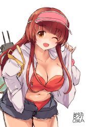 Rule 34 | 1girl, artist name, bikini, black shorts, blunt bangs, breasts, brown hair, cleavage, commentary request, cowboy shot, cutoffs, dated, denim, denim shorts, green eyes, hand in pocket, helena (kancolle), highres, hood, hooded jacket, hoodie, jacket, kantai collection, large breasts, leaning forward, long hair, looking at viewer, one-hour drawing challenge, owa (ishtail), red bikini, shorts, simple background, solo, swimsuit, visor cap, white background, white jacket