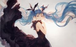 Rule 34 | 1girl, absurdly long hair, ahoge, black bow, black dress, blue eyes, blue hair, bow, ckr4.8 (shiren), commentary, dress, floating hair, from side, hair bow, hand up, hatsune miku, highres, long hair, looking at viewer, looking to the side, shinkai shoujo (vocaloid), simple background, sleeveless, sleeveless dress, smile, solo, twintails, very long hair, vocaloid, white background