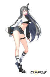 Rule 34 | 1girl, belt, black footwear, black gloves, boots, breasts, blowing bubbles, closers, clothes writing, contrapposto, crop top, crop top overhang, cutoffs, drawstring, fingerless gloves, full body, gloves, grey hair, grey shorts, hairband, highres, holding, kneehighs, large breasts, long hair, long sleeves, looking at viewer, midriff, mirae (closers), multicolored hair, navel, official art, red eyes, shirt, short shorts, shorts, skateboard, socks, solo, standing, stomach, streaked hair, thigh strap, thighs, two-tone shirt, undershirt, very long hair, white socks