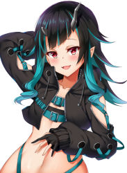 Rule 34 | 1girl, nanashi inc., arm behind head, arm up, belt, belt bra, black gloves, black hair, black jacket, blue belt, blue hair, blush, chest belt, clothing cutout, commentary request, cropped jacket, cross-laced clothes, cross-laced sleeves, demon girl, demon horns, fang, flat chest, gloves, horns, jacket, kuragari, long hair, long sleeves, looking at viewer, midriff, multicolored hair, navel, open mouth, partially fingerless gloves, pointy ears, red eyes, shiny skin, shishio chris, shoulder cutout, simple background, smile, solo, sugar lyric, two-tone hair, upper body, virtual youtuber, white background