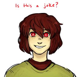Rule 34 | androgynous, brown hair, chara (undertale), commentary, english text, freckles, gender request, highres, looking at viewer, oxi (oxidization), parted lips, red eyes, smile, solo, spoilers, transparent background, undertale