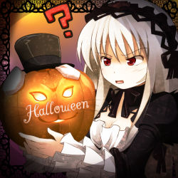 Rule 34 | 00s, 1girl, :3, ?, animal ears, black flower, black rose, breasts, cleavage, dress, flower, glowing, gothic lolita, grey hair, gucchi, hairband, halloween, hat, jack-o&#039;-lantern, laplace&#039;s demon (rozen maiden), lolita fashion, long hair, pumpkin, rabbit ears, red eyes, rose, rozen maiden, small breasts, solo, suigintou, top hat