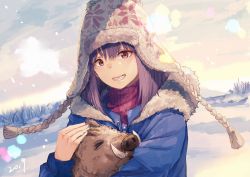 Rule 34 | 1girl, 2019, absurdres, akira (mr akira), animal, blue coat, boar, brown eyes, brown hat, chinese zodiac, cloud, cloudy sky, coat, day, floral print, fur-trimmed coat, fur trim, grey hat, hat, highres, holding, holding animal, huge filesize, original, outdoors, print headwear, purple hair, red sweater, ribbed sweater, short hair, sky, solo, sweater, turtleneck, turtleneck sweater, upper body, winter, year of the pig