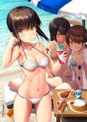 Rule 34 | 3girls, anchor, bad id, bad twitter id, beach, bikini, bikini top only, blush, braid, breasts, brown eyes, brown hair, cleavage, collarbone, convenient censoring, curry, curry rice, day, food, fubuki (kancolle), grabbing, grabbing another&#039;s breast, green eyes, highres, holding, holding bikini, holding bikini top, holding clothes, holding swimsuit, ichikawa feesu, isonami (kancolle), kantai collection, long hair, looking at viewer, medium breasts, multiple girls, navel, ocean, parted lips, ponytail, rice, sausage, shaved ice, shirayuki (kancolle), side-tie bikini bottom, sidelocks, sitting, smile, striped bikini, striped clothes, swimsuit, topless, white bikini