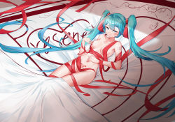 Rule 34 | 1girl, absurdres, arm tattoo, blue eyes, blue hair, breasts, closed mouth, hair ribbon, hand on own stomach, hatsune miku, heart, heart-shaped pupils, highres, long hair, looking at viewer, lying, medium breasts, naked ribbon, number tattoo, on back, pubic tattoo, ribbon, rzx0, smile, solo, stomach, symbol-shaped pupils, tattoo, under covers, very long hair, vocaloid