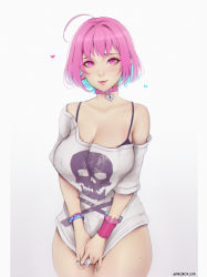 Rule 34 | 1girl, absurdres, ahoge, bangle, bare shoulders, black bra, blue hair, bra, bracelet, breasts, cleavage, closed mouth, collar, collarbone, covered erect nipples, earrings, eyelashes, eyeshadow, frills, gradient background, grey background, hair intakes, heart, heart-shaped lock, highres, idolmaster, idolmaster cinderella girls, jewelry, large breasts, legs together, light smile, lips, liya nikorov, looking at viewer, makeup, multicolored hair, no pants, nostrils, off-shoulder shirt, off shoulder, pill earrings, pink collar, pink eyeshadow, pink lips, pink wristband, pixiv username, ring, shirt, simple background, skull and crossbones, skull print, solo, standing, t-shirt, thighs, twitter username, two-tone hair, underwear, v arms, white background, white shirt, yumemi riamu
