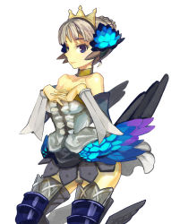 Rule 34 | 1girl, armor, armored dress, blue eyes, dress, forgotten artist, grey hair, gwendolyn (odin sphere), multicolored wings, odin sphere, panties, pteruges, ryman, solo, strapless, strapless dress, thighhighs, underwear, white background, wings
