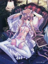 Rule 34 | 1girl, armchair, arms up, blonde hair, blue eyes, book, bow, bow panties, breasts, capelet, chair, crease, flat chest, frills, garter belt, gothic lolita, high heels, highres, lamp, lingerie, lolita fashion, long hair, matsumoto noriyuki, navel, nipples, no bra, open clothes, own hands together, panties, scan, shoes, single shoe, sitting, small breasts, smile, solo, thighhighs, underwear, very long hair, white panties, white thighhighs, wrist cuffs