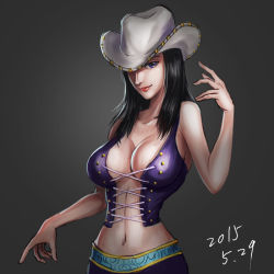 Rule 34 | 10s, 1girl, 2015, black hair, breasts, gradient background, lips, lt, midriff, nico robin, one piece, solo
