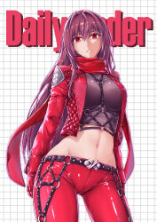Rule 34 | 1girl, absurdres, adapted costume, bad id, bad pixiv id, breasts, cowboy shot, fate/grand order, fate (series), fish.boy, gloves, highres, jacket, large breasts, long hair, looking at viewer, midriff, navel, pants, parted lips, purple hair, red eyes, red scarf, scarf, scathach (fate), scathach (fate), solo, tight clothes, tight pants