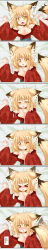 Rule 34 | &gt; &lt;, 1girl, absurdres, animal ear fluff, animal ears, bare shoulders, bell, blonde hair, blush, breasts, cleavage, collar, comic, condom, condom wrapper, ear wiggle, closed eyes, fang, fox ears, fox tail, highres, japanese clothes, jingle bell, kazami karasu, kimono, large breasts, long image, looking at viewer, meme, neck bell, off shoulder, slit pupils, solo focus, tail, tail wagging, tall image, tears, they had lots of sex afterwards (meme), translation request, yellow eyes