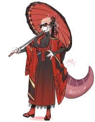 Rule 34 | 1girl, alternate costume, breasts, dragon girl, dragon horns, dragon tail, dress, fingernails, full body, hair ornament, hand on own hip, highres, hololive, horns, isuka, kiryu coco, large breasts, necktie, open mouth, orange hair, parasol, shoes, signature, simple background, socks, solo, standing, sunglasses, tail, umbrella, virtual youtuber, white background