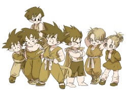 Rule 34 | 2girls, 5boys, aged down, armor, arms behind back, arms behind head, back-to-back, blush, blush stickers, boots, bra (dragon ball), brother and sister, brothers, child, dougi, dragon ball, dragon ball (classic), dragonball z, expressionless, father and daughter, father and son, fingernails, frown, full body, gloves, grin, happy, holding, kinjuu (hariharitt), looking at another, monochrome, multiple boys, multiple girls, ruyi jingu bang, pan (dragon ball), ponytail, sepia, short hair, siblings, simple background, skirt, smile, son gohan, son goku, son goten, spiked hair, standing, tail, time paradox, trunks (dragon ball), vegeta, white background