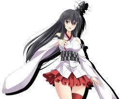 Rule 34 | 10s, 1girl, asymmetrical legwear, black hair, breasts, commentary request, detached sleeves, foreshortening, fusou (kancolle), hair ornament, highres, japanese clothes, kantai collection, large breasts, long hair, long sleeves, looking at viewer, nontraditional miko, open mouth, outstretched arm, rappa (rappaya), red eyes, red skirt, shadow, skirt, smile, solo, thighhighs, uneven legwear, wide sleeves