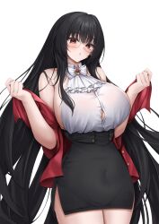 1girl absurdres alvitr_(azur_lane) alvitr_(muspel&#039;s_torrid_secrets)_(azur_lane) ascot azur_lane backless_shirt bare_shoulders black_hair black_skirt blush bow bowtie breasts commentary_request covered_navel highres jacket large_breasts long_hair looking_at_viewer miniskirt off_shoulder official_alternate_costume open_clothes open_jacket pencil_skirt red_eyes red_jacket shirt shirt_tucked_in sideboob sideless_outfit simple_background skirt solo ueyama_0clock very_long_hair white_ascot white_background white_bow white_bowtie white_shirt