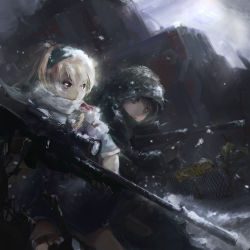 Rule 34 | 2girls, abstract background, absurdres, black eyes, black hair, blonde hair, blurry, bokeh, bolt action, closed mouth, commentary request, depth of field, girls&#039; frontline, gloves, gun, hair between eyes, hairband, highres, holding, holding gun, holding weapon, hood, hood up, long hair, looking at another, looking to the side, multiple girls, ponytail, red eyes, rifle, scope, sniper, sniper rifle, solo focus, sv-98, sv-98 (girls&#039; frontline), upper body, weapon