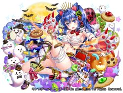Rule 34 | 1girl, :d, animal ears, animal hands, bandages, bat (animal), blue hair, blush, bow, breasts, candy, cat ears, checkerboard cookie, chocolate, chocolate bar, cookie, copyright name, doughnut, drum, drumsticks, fantasy, flute, food, food-themed hair ornament, full moon, gloves, hair ornament, hakuda tofu, halloween, instrument, jack-o&#039;-lantern, jelly bean, knee up, kneehighs, lollipop, medium breasts, monster girl, monster master x, moon, navel, official art, open mouth, paw gloves, pumpkin hair ornament, purple eyes, red bow, single kneehigh, single sock, smile, socks, solo, sparkle, thumbprint cookie, twintails, wrapped candy