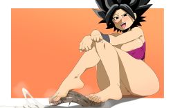 Rule 34 | 1girl, absurdres, anus, areola slip, armband, bare legs, between toes, black hair, blush, bottomless, breasts, caulifla, commission, cum, disembodied penis, dragon ball, dragon ball super, ejaculation, footjob, hands on own knees, highres, knees up, large breasts, meteorreb0rn, open mouth, penis, solo focus, spiked hair, strapless, testicles, thighs, toenails, toes, tube top, veins, veiny penis