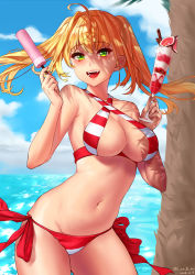 Rule 34 | 1girl, absurdres, ahoge, bare shoulders, beach, bikini, blonde hair, blue sky, blush, breasts, cleavage, collarbone, criss-cross halter, day, fate/grand order, fate (series), green eyes, hair between eyes, hair intakes, halterneck, highres, kir (khw66136132), large breasts, long hair, looking at viewer, navel, nero claudius (fate), nero claudius (fate) (all), nero claudius (swimsuit caster) (fate), ocean, open mouth, palm tree, red bikini, sky, smile, solo, striped bikini, striped clothes, swimsuit, tree, twintails