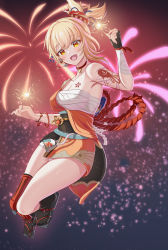 Rule 34 | 1girl, :d, absurdres, black socks, blonde hair, blush, breasts, chest sarashi, chest tattoo, cleavage, commentary, dealesis, earrings, english commentary, falling, fireworks, full body, genshin impact, glowing, hair ornament, hand up, highres, holding, holding fireworks, japanese clothes, jewelry, kimono, light particles, looking at viewer, open mouth, orange eyes, orange kimono, orange rope, rope, sarashi, shoulder tattoo, sidelocks, single bare shoulder, single earring, smile, socks, sparkler, tattoo, yoimiya (genshin impact)