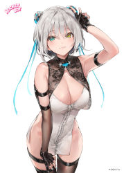 Rule 34 | 1girl, :3, arm strap, arm up, arm warmers, armpits, bare shoulders, black gloves, blue eyes, breasts, brown thighhighs, cleavage, closed mouth, cowboy shot, double bun, dress, dsmile, fingerless gloves, gloves, grey hair, hair bun, hand on own thigh, heterochromia, large breasts, looking at viewer, nail polish, no panties, original, pelvic curtain, short hair, simple background, single arm warmer, sleeveless, sleeveless dress, smile, solo, standing, thighhighs, thighs, white background, white dress, yellow eyes