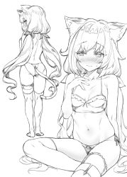 Rule 34 | 1girl, 3:, animal ear fluff, animal ears, ass, blush, bra, breasts, cat ears, cat tail, closed mouth, full body, greyscale, hand on own chest, karyl (princess connect!), long hair, low twintails, monochrome, multiple views, mushi024, navel, panties, princess connect!, side-tie panties, sitting, small breasts, standing, string panties, sweatdrop, tail, thighhighs, twintails, underwear, underwear only, very long hair