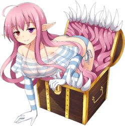 Rule 34 | 1girl, artist request, bare shoulders, blouse, blue gloves, blue legwear, blue panties, blue shirt, elbow gloves, full body, gloves, heterochromia, lowres, mimi (monster musume), mimic, mimic chest, monster musume no iru nichijou, monster musume no iru nichijou online, official art, panties, pink background, pink hair, pointy ears, purple eyes, red eyes, see-through, see-through shirt, sharp teeth, shirt, side-tie panties, striped clothes, striped gloves, striped legwear, striped shirt, striped thighhighs, teeth, tentacles, thighhighs, transparent background, underwear, white gloves, white legwear, white shirt