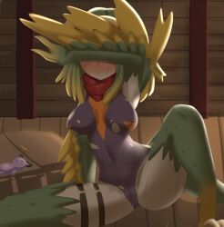 Rule 34 | 1girl, backpack, bag, bare shoulders, blonde hair, cameltoe, claws, cleft of venus, commentary, covering face, digitigrade, dinosaur girl, dinosaur tail, english commentary, feathered dinosaur, feathered wings, feathers, gradient hair, green feathers, green hair, harpy, highleg, highleg leotard, leotard, long hair, monster girl, monster girl island, multicolored hair, pinna (monster girl island), pussy juice, red scarf, scarf, sifserf, smile, solo, tail, thigh strap, torn clothes, torn leotard, winged arms, wings, yellow feathers