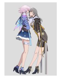 Rule 34 | 2girls, archery shooting glove, bare legs, black gloves, black jacket, black skirt, blue footwear, blue skirt, blush, border, closed eyes, commentary request, earrings, full body, gloves, grey background, grey hair, hands on another&#039;s face, high heels, highres, honkai: star rail, honkai (series), jacket, jewelry, leaning, long hair, long sleeves, looking at another, march 7th (honkai: star rail), multiple girls, open clothes, open jacket, open mouth, partially fingerless gloves, pink hair, pleated skirt, short hair, simple background, skirt, smile, stelle (honkai: star rail), teeth, thigh strap, trailblazer (honkai: star rail), white border, yasutada43, yellow eyes, yuri