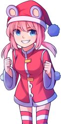 Rule 34 | 1girl, blue eyes, clenched hands, coat, eyes visible through hair, grin, hair between eyes, hat, highres, long hair, long sleeves, looking at viewer, low twintails, nieve (rabi ribi), outline, pink hair, pom pom (clothes), rabi-ribi, santa costume, santa hat, simple background, smile, solo, speckticuls, striped clothes, striped thighhighs, teeth, thighhighs, transparent background, twintails, v-shaped eyebrows, white background, white outline, wide sleeves