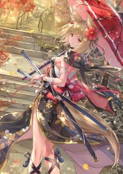 Rule 34 | 1girl, animal ears, autumn leaves, backless outfit, bandaged arm, bandages, bare shoulders, breasts, detached collar, floral print, flower, fox ears, fox girl, from behind, fuuro (johnsonwade), hair between eyes, hair flower, hair ornament, japanese clothes, katana, kimono, leaf, looking at viewer, looking back, maple leaf, oil-paper umbrella, original, parted lips, petals, red eyes, sarashi, sash, short hair, small breasts, solo, sword, umbrella, weapon