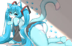 Rule 34 | 1girl, all fours, animal ear fluff, animal ears, ass, barefoot, black skirt, black sleeves, blue eyes, blue hair, blue necktie, blue panties, blush, cat ears, cat girl, cat tail, commentary request, dated, detached sleeves, fangs, full body, furrification, furry, furry female, grey shirt, hair ornament, hatsune miku, highres, horokusa (korai), long hair, long sleeves, looking at viewer, looking back, medium bangs, miniskirt, necktie, open mouth, panties, paw print, paw print background, pleated skirt, shirt, skirt, sleeveless, sleeveless shirt, smile, solo, striped clothes, striped panties, tail, tail raised, twintails, underwear, very long hair, vocaloid, white panties