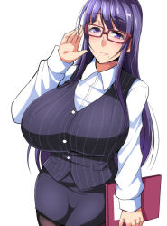 Rule 34 | 1girl, black pantyhose, blush, breasts, business suit, formal, glasses, huge breasts, long hair, looking at viewer, mole, mole under mouth, nishida megane, original, pantyhose, pencil skirt, purple eyes, purple hair, simple background, skirt, sleeves past wrists, smile, solo, suit, vest, white background