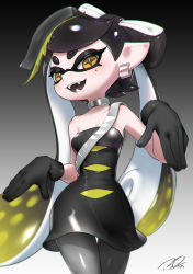 Rule 34 | + +, 1girl, artist name, bare shoulders, black dress, black gloves, black hair, black theme, blonde hair, blurry, blush, breasts, callie (splatoon), chromatic aberration, collarbone, cowboy shot, depth of field, dress, earrings, fangs, female focus, gloves, gradient background, gradient hair, grey background, grey choker, grey pantyhose, hands up, happy, highres, inkling, jewelry, light blush, long hair, looking at viewer, mole, mole under eye, multicolored hair, nintendo, object on head, open mouth, pantyhose, pointy ears, puchiman, shiny clothes, short dress, signature, simple background, small breasts, smile, solo, splatoon (series), splatoon 3, standing, suction cups, swept bangs, teeth, tentacle hair, tentacles, twintails, two-tone hair, v-shaped eyebrows, very long hair, yellow eyes