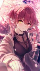 Rule 34 | 1girl, black dress, blush, brown coat, cherry blossoms, chihiro ayaka, coat, cup, dress, drinking glass, earrings, hair ribbon, heterochromia, highres, holding, holding cup, holding hands, hololive, houshou marine, jewelry, long sleeves, looking at viewer, pov, red eyes, red hair, red ribbon, ribbon, sleeveless, sleeveless dress, smile, solo focus, twintails, virtual youtuber, yellow eyes