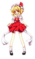Rule 34 | 1girl, absurdres, arms at sides, ascot, bad id, bad pixiv id, blonde hair, bobby socks, bow, dress, embodiment of scarlet devil, female focus, flandre scarlet, frills, full body, happy, hat, highres, kuromari (runia), mary janes, necktie, no wings, red eyes, ribbon, shoes, short hair, short necktie, simple background, socks, solo, touhou, white background, white socks, yellow necktie