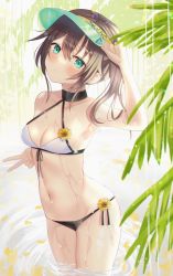 Rule 34 | 1girl, alternate costume, arm up, armpits, bikini, black bikini, blush, branch, breasts, brown hair, cleavage, closed mouth, collarbone, commentary, copyright name, cowboy shot, dripping, fingernails, flower, front-tie bikini top, front-tie top, green eyes, green hat, hair between eyes, halterneck, hand on headwear, hand up, hat, head tilt, highres, hololive, leaf, legs together, logo, looking at viewer, medium hair, natsuiro matsuri, navel, nibosi, outdoors, petals, ripples, side-tie bikini bottom, side ponytail, sidelocks, small breasts, solo, standing, stomach, string bikini, sunflower, swimsuit, v, virtual youtuber, visor cap, wading, water drop, wet, white bikini, yellow flower, yellow hat
