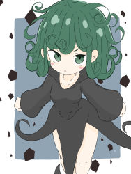 Rule 34 | 1girl, :o, absurdres, black dress, blush stickers, breasts, collarbone, commentary request, dress, feet out of frame, female focus, green eyes, green hair, grey background, highres, long hair, long sleeves, looking at viewer, matching hair/eyes, one-punch man, parted lips, rururu (pyrk8855), sleeves past wrists, small breasts, solo, standing, tatsumaki, two-tone background, v-shaped eyebrows, white background, wide sleeves
