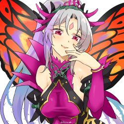 Rule 34 | 1girl, breasts, facial mark, fairy wings, fire emblem, fire emblem heroes, forehead mark, forehead tattoo, grey hair, intelligent systems, long hair, looking at viewer, nintendo, parted lips, plumeria (fire emblem), ponytail, red eyes, simple background, solo, twitter username, upper body, white background, wings, yukia (firstaid0)